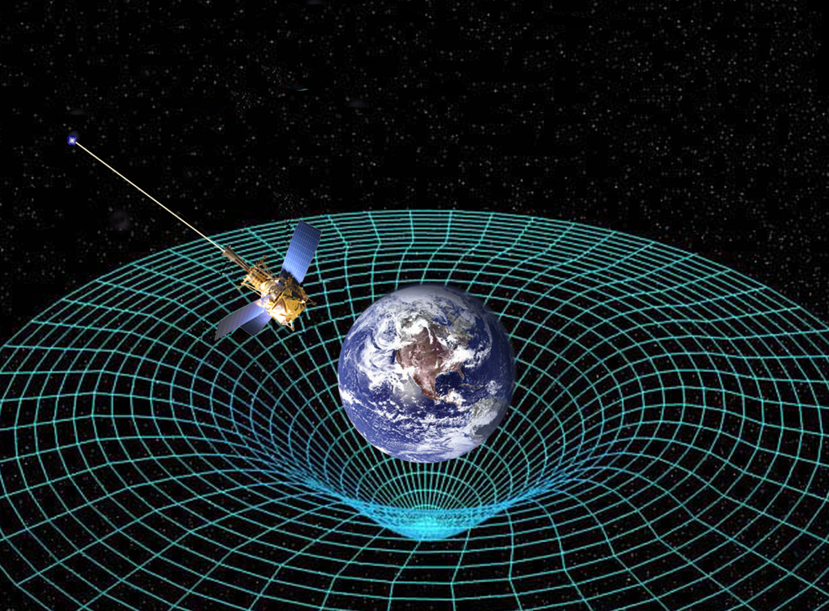 Artist concept of Gravity Probe B orbiting the Earth to measure space-time, a four-dimensional description of the universe including height, width, length, and time. Source: NASA