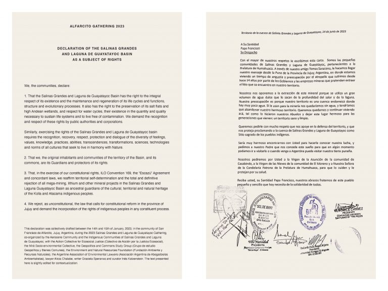 A letter from the communities of Salinas Grandes and Laguna de Guayatayoc to Pope Francis